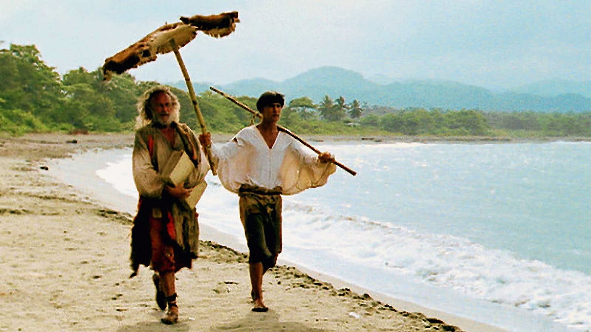 Robinson Crusoe a jeho přítel Pátek na pláži